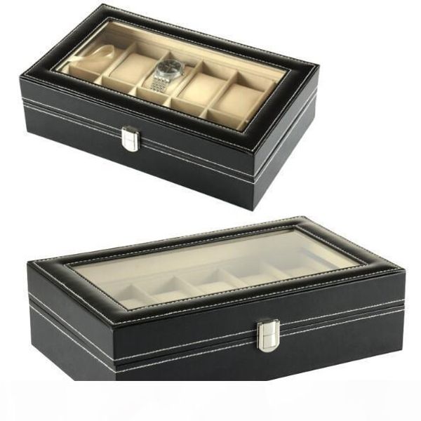 

e brand pu leather watch display case jewelry collection organizer box 12 grid slots watches display storage square box cas, Black;blue