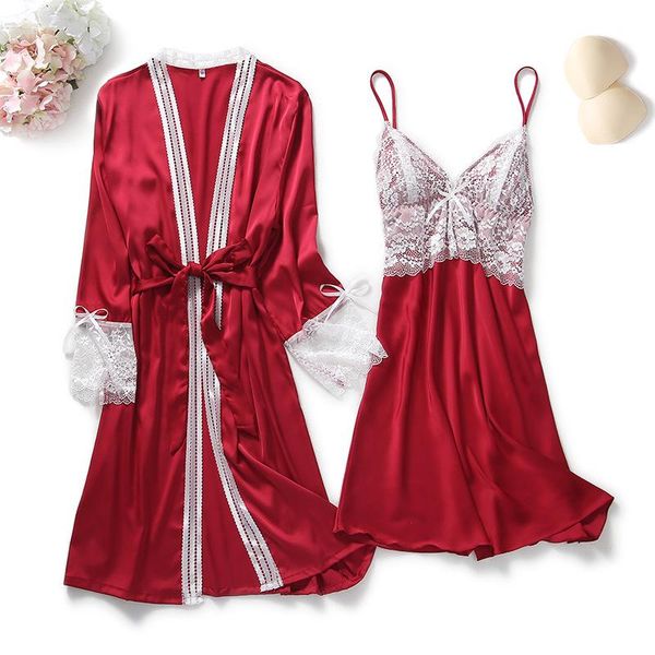 

silk satin nightgown set female lace lingerie robe & gown sets night dress set sleepwear autumn winter home wear nightwear, Black;red