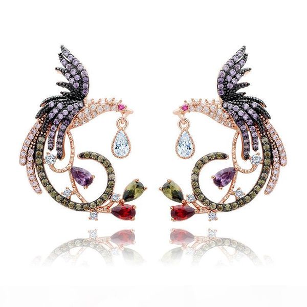 

shining colorful zircon drop earrings chinese phoenix fine jewelry wedding dangle earrings for women gril gift, Golden;silver