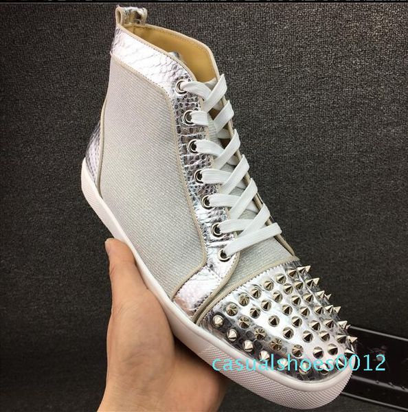 

new luxury casual lover shoes brand studded spikes flats shoes designer red bottom mens womens sneakers party trainers high cut sports c12, Black
