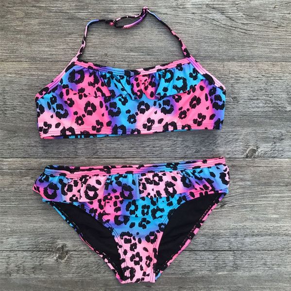 

leopard print girls bikini set 2020 children swimsuit 7 14 years girls swimwear falbala solid kids bikinis biquini 318, White;black