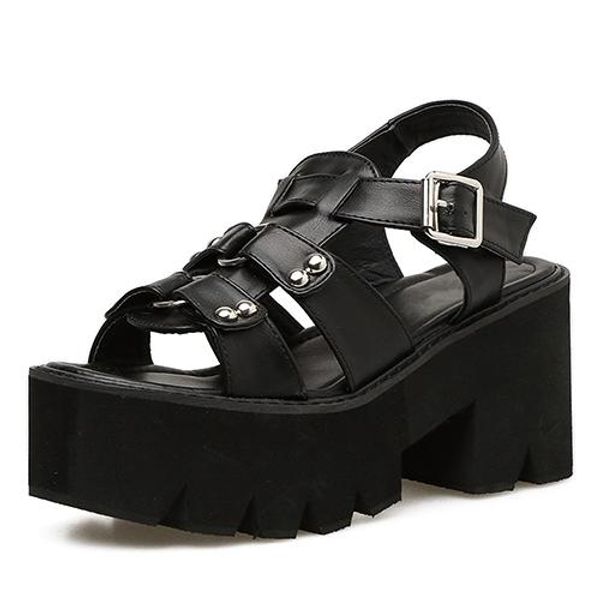 

chunky heel sandals woman platform punk shoes summer open toe shoes female block heel fashion rivet discount, Black