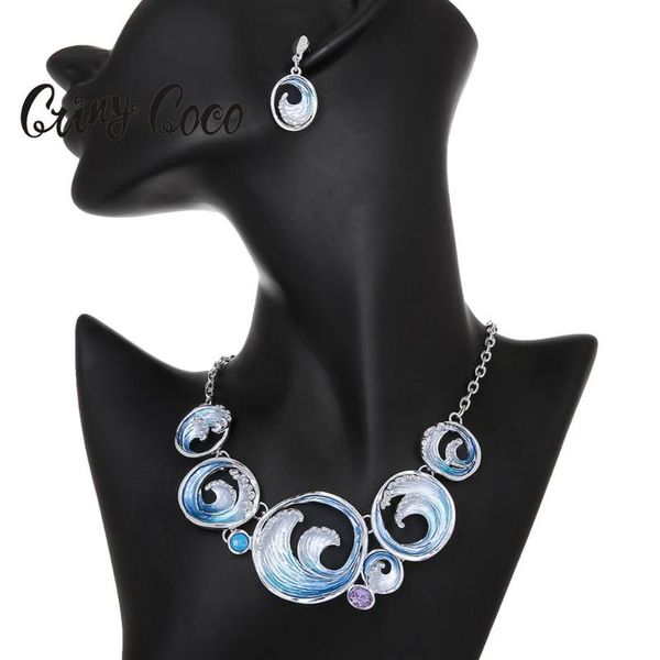 

cring coco new design sea wave shape choker necklace women's statement fashion blue enamel alloy crystal pendant & necklaces hot, Silver