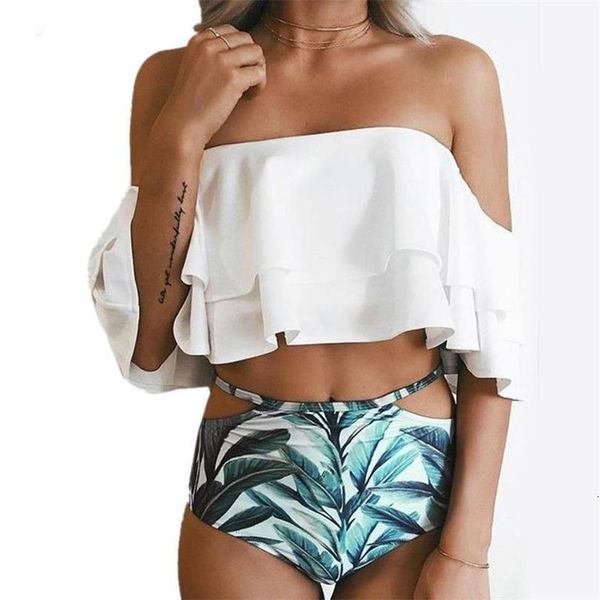 

bikini set 2020 doubledeck flouncing swimsuit push up bathing suit women high waist swimwear off shoulder swimming suits, White;black