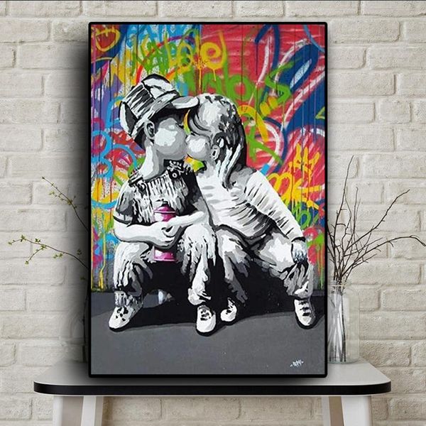 

Graffiti Street Art Abstract Girl Kiss Boy Canvas Painting Poster and Prints Cuadros Banksy Pop Wall Art Picture for Living Room