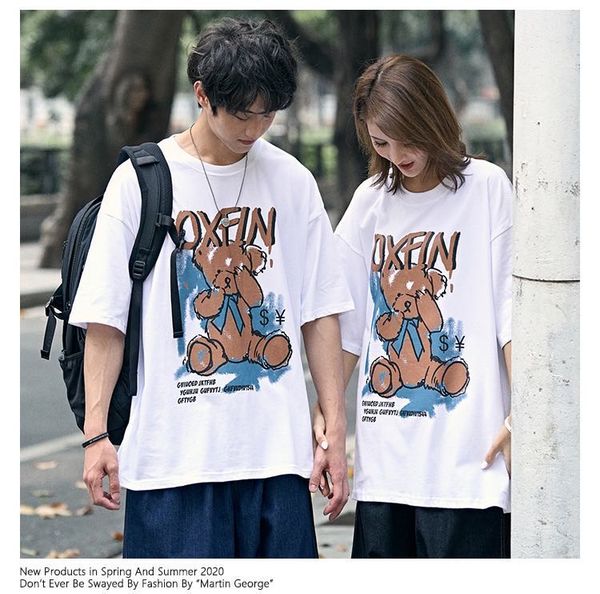 

martin george spring / summer 230g cotton loose eye shading bear couple men's round neck short sleeve t-shirt, White;black