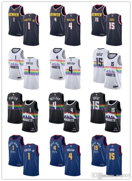 

mens womens youth denver nuggets 1 michael porter 4 paul millsap 15 nikola jokic white custom basketball jerseys, Black;red