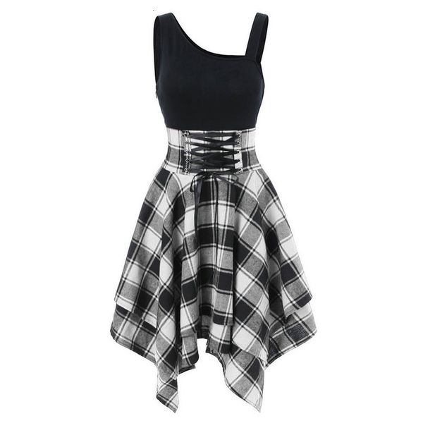 

plaid dress women summer 2020 sleeveless cold plaid shoulder cross irregular dress elegant streetwear casual knee length vestido, Black;gray