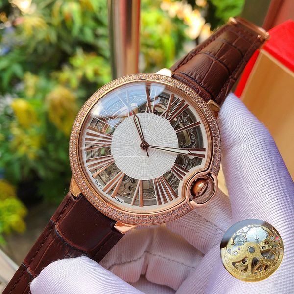 

men automatic watches leather strap 316l stainless steel watches 43mm dial 30m waterproof wristwatch mechanical watches for men, Slivery;brown