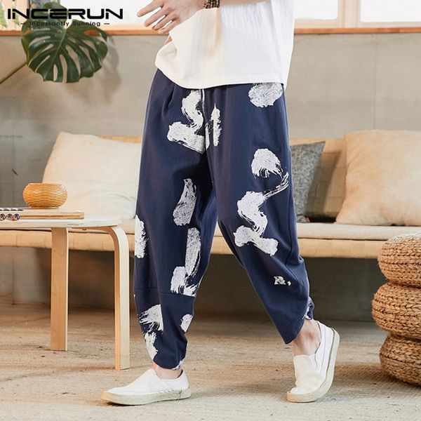 

incerun men harem pants casual printed joggers loose man vintage pantalones elastic waist pockets trousers streetwear hombre 5xl, Black