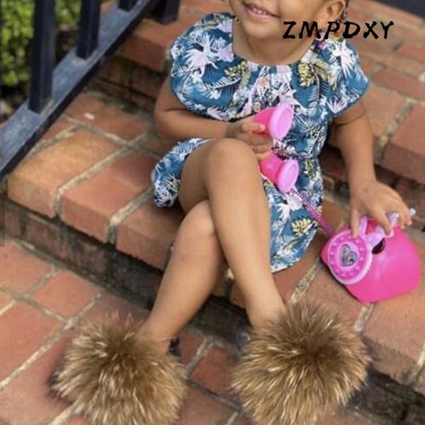 

children' fluffy raccoon fur slippers kids real fur slides girls open toe plush sandals baby furry shoes flip flops, Black;grey