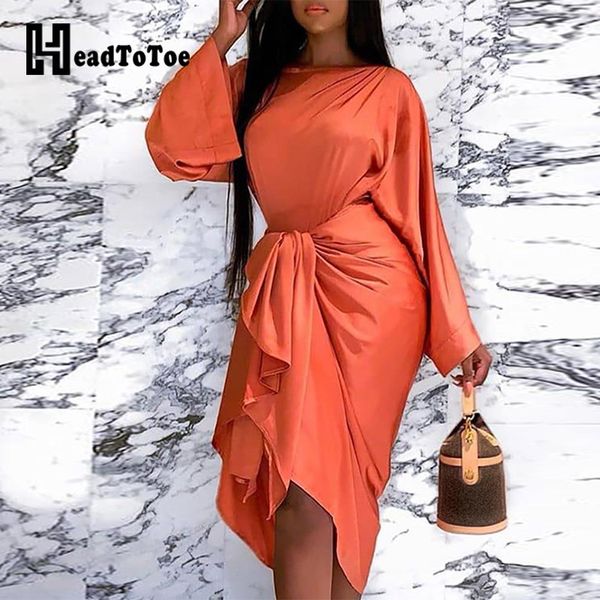 

women batwing long sleeve tied front midi dress ladies autumn round neck casual dress, Black;gray