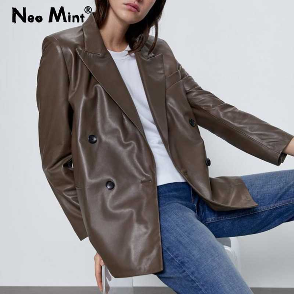 

women's leather & faux elegant ladies brown pu notched blazers coat women autumn 2021 fashion jackets stylish girls high street blazer, Black