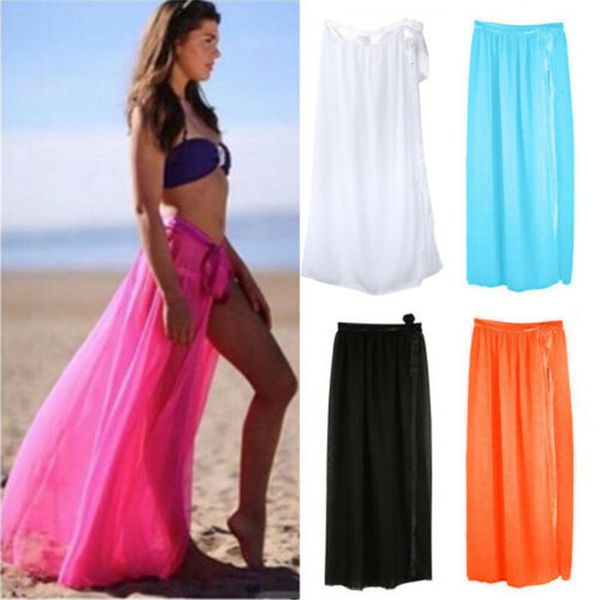 

women chiffon beach maxi wrap long skirt solid lace up bikini skirt mesh perspective skirt lady swimwear beachwear 5 colors, Black