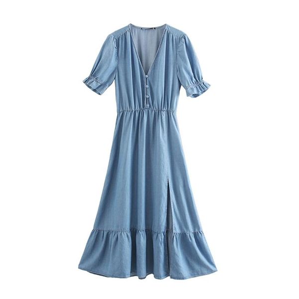

casual dresses v-neck short sleeve slim dress hollow sky silk jeans blue retro open fork in early autumn of, Black;gray