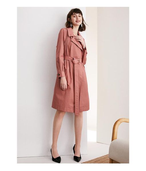 

women's trench coats british style suit collar windbreaker elegant tie up waist length knee coat, Tan;black
