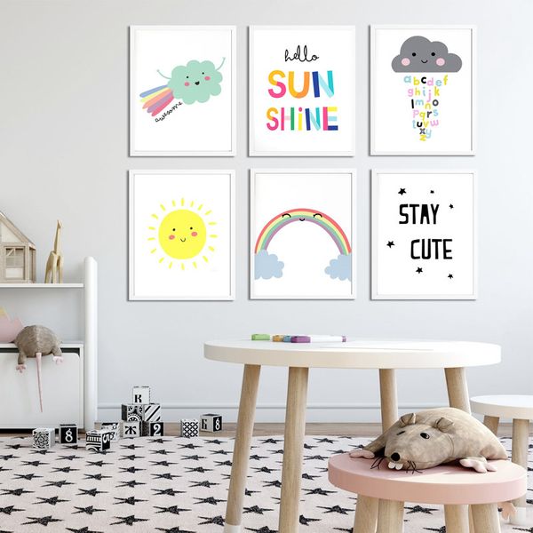 

nordic nursery wall art rainbow alphabet cloud canvas poster sun quote print painting children bedroom decorative picture