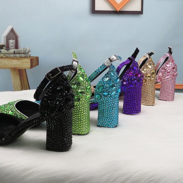 

2020 new arrival summer female party sandals crystal ankle strap wedding shoes woman fashion pointed toe high thick heel buckle, Black
