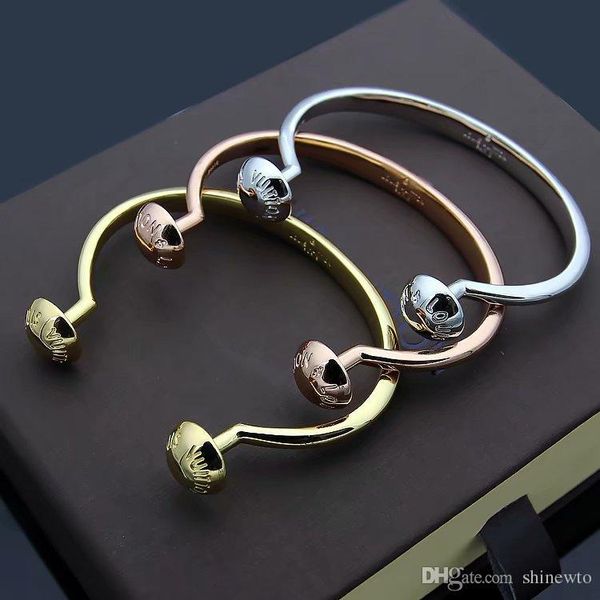 

fashion lady titanium steel two round nail v letter 18k gold plated open bracelet bangle 3 color, Black
