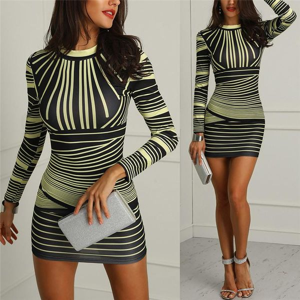 

dresses designer stripe women dresses slim crew neck long sleeved bodycon dresses casual woman party, Black;gray
