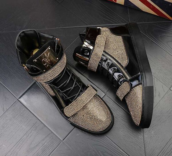 

luxury rhinestone men sneakers zip men's shoes high mensh punk men casual shoes sheet metal platform ankle boots, Black