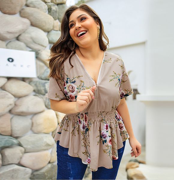 

spring and summer v-neck large size shirt print r, White