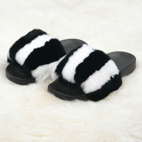 

suitable rabbit fur slippers new design fashion slides ladies sandals with letters, Black