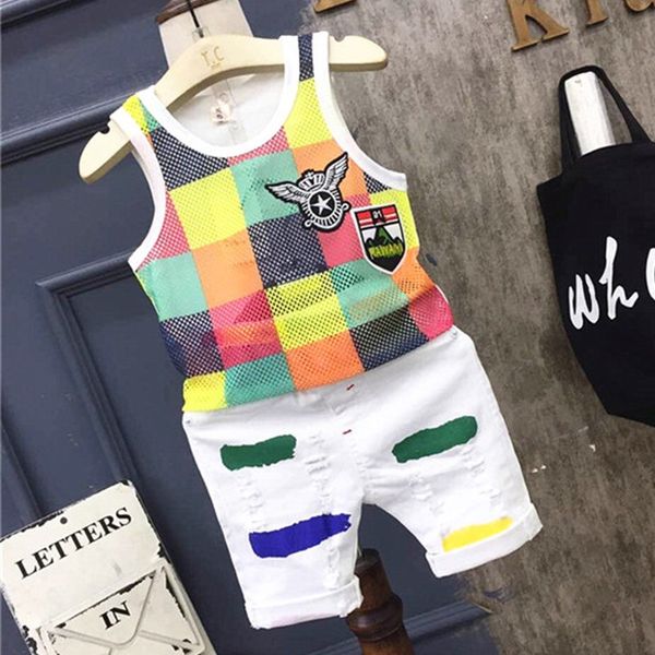 

boy's vest set summer 2019 new sports hurdle breathable baby sleeveless color lattice vest two-piece suit trendy, Blue