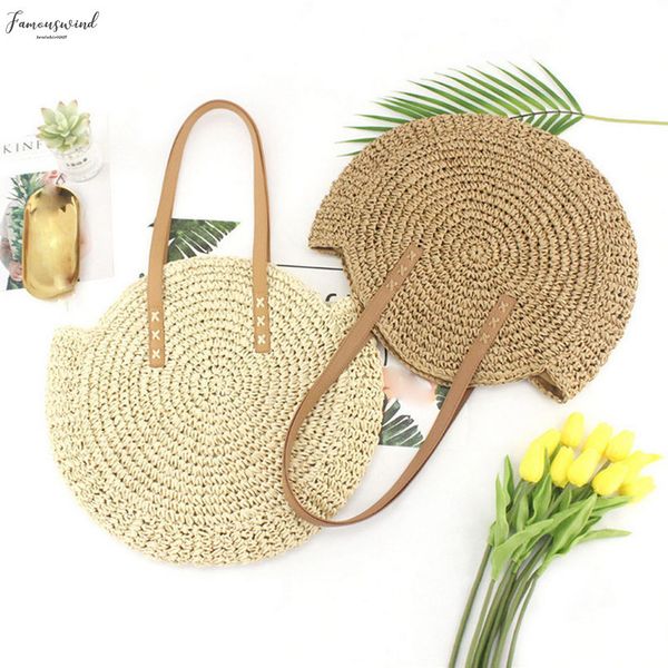 

simple straw round women shoulder bag handmade woven bohemian women handbag summer fashion beach lady wicker rattan bag large capacity