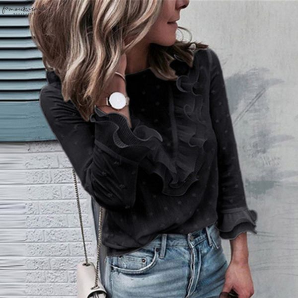 

womens boho beach long sleeve ruffle polka dot black blouses elegant drop shipping good quality, White