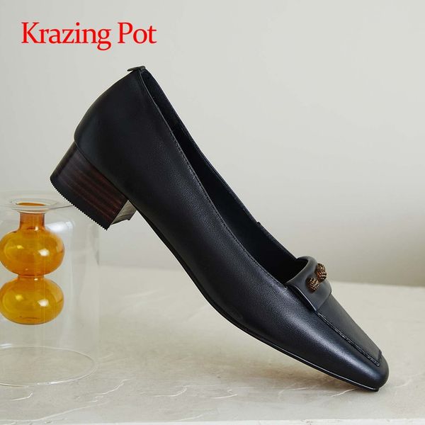 

krazing pot korean girls cow leather vintage metal decorations square toe med heels slip on gorgeous all-match women pumps l47, Black