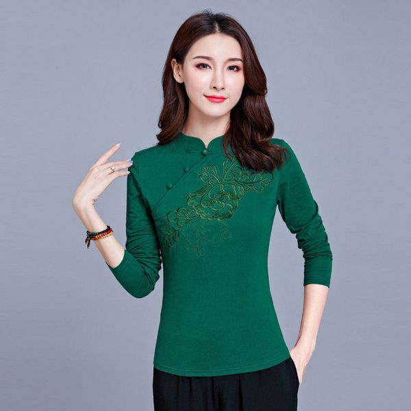 

cheongsam traditional chinese clothing female new spring plus size womens long sleeve women cotton chinese style shirts, Red