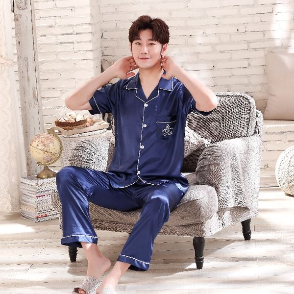 

qdugi men's pajamas summer thin ice silk short-sleeved home wear men's underpants and trousers simulation trousers simulated silk, Blue;red