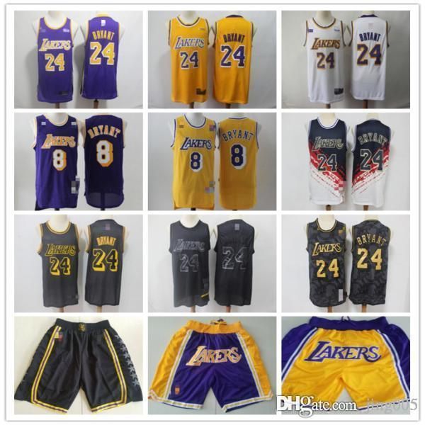 

mens los angeles lakers 24 bryant 8 bryant yellow purple white black basketball shorts basketball jerseys, Black;red