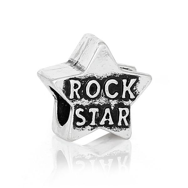 

alloy european charm beads star silver color "rock star" carved about 12mm x 12mm,hole: approx 5.2mm,20 pcs jewelry making finding, Black