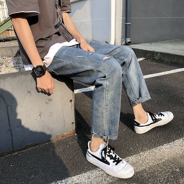 

9bufm spring summer ripped men's loose jeans pants and jeans straight nine-point fashion brand ins korean style trendy all-match boys&#, Blue