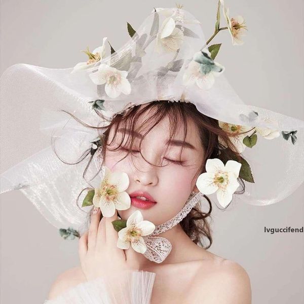 

exaggerated bridal hats wedding hats beige mesh ladies lace flowers head accessories headwear travel accessories mingli tengda t200620
