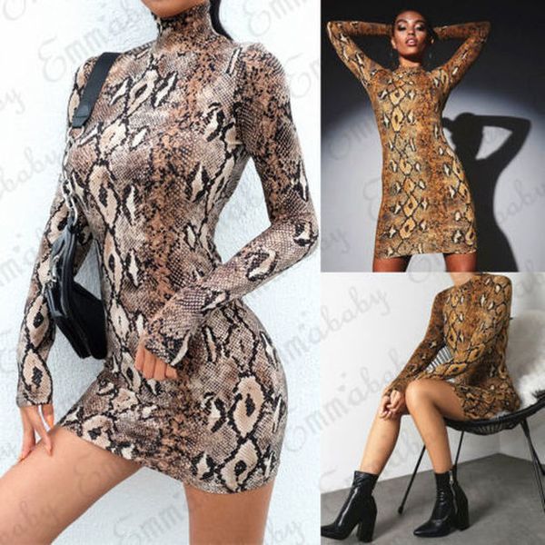 

dress 2020 new style women's animal snake skin print bodycon tunic dress stretch high neck mini dress, Black;gray