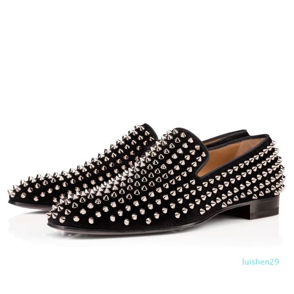 

2019 fashion designer mens shoes loafers black red spike patent leather slip on dress wedding flats bottoms shoe for business party l29