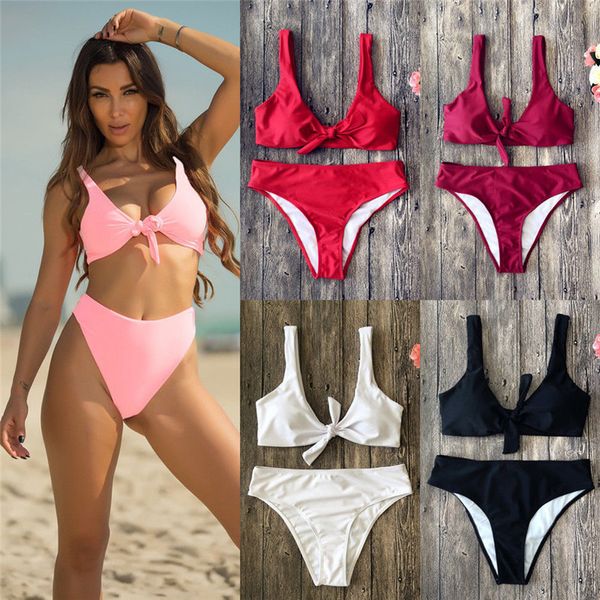 

swimwear high waist set women solid color bandage triangle swimsuits swimming spandex pool padded bathing 2 piece set biquinis 2020, White;black