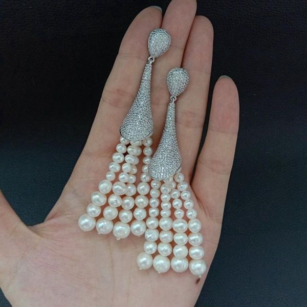 

women's 3.7'' white pearl tassel golden plated cz earrings