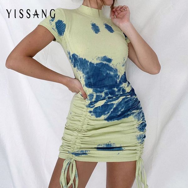 

yissang drawstring print tie-dye summer dress women ruched turtleneck short sleeve backless bodycon dresses elagent dress, Black;gray