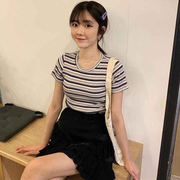 

2020 summer tshirt women korean o neck t shirt fashion striped harajuku short sleeve casual t shirts female, White