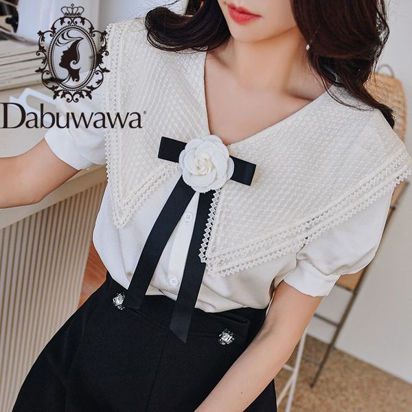 

dabuwawa sweet turn-down collar blouse women puff sleeve appliques floral bow solid casual shirts female dt1bst021, White