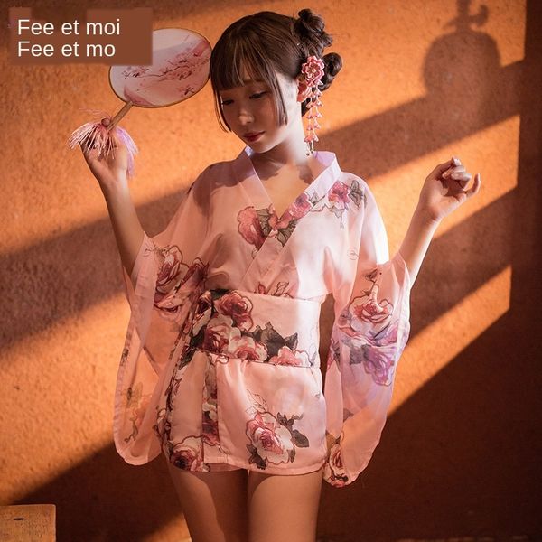 

jumu underwear new japanese printed chiffon kimono perspective home underwear pajamas bathrobe pajamas bathrobe set 7056, Black;white