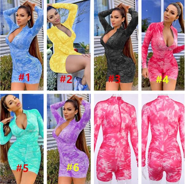

women clothing jumpsuit rompers color tie dye zipper front shorts pants high waist one piece overalls designer sports bodysuit cz710, White