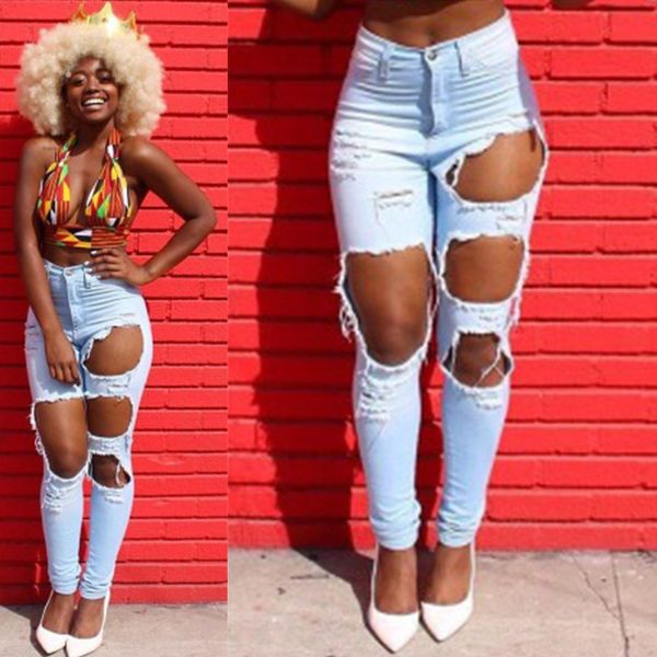 

blue big hole ripped distressed jeans for women high waist skinny push up jeans destroyed denim woman broken denim pants