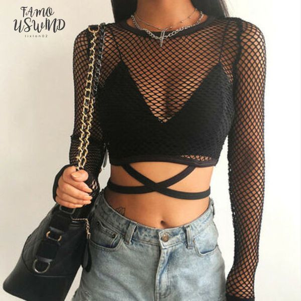 

new mesh goth long sleeve t shirt women see through fishnet summer casual tshirt streetwear womens clothing 2020, White