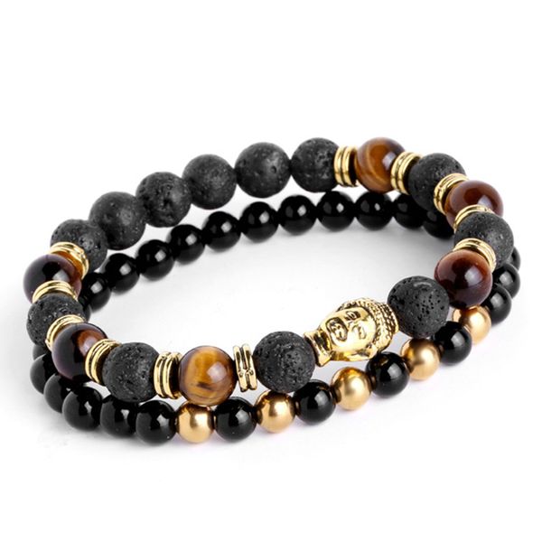

2pcs/set mens bracelets lava buddha bracelet for men natural stone beads bracelet gift religion yoga pulseras pulseira masculina, Golden;silver