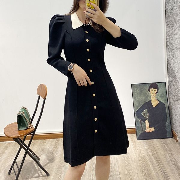 

2020 autumn weater dre new long-sleeved knitted dress sweater lapel skirt mid-length s home style single, Black;gray